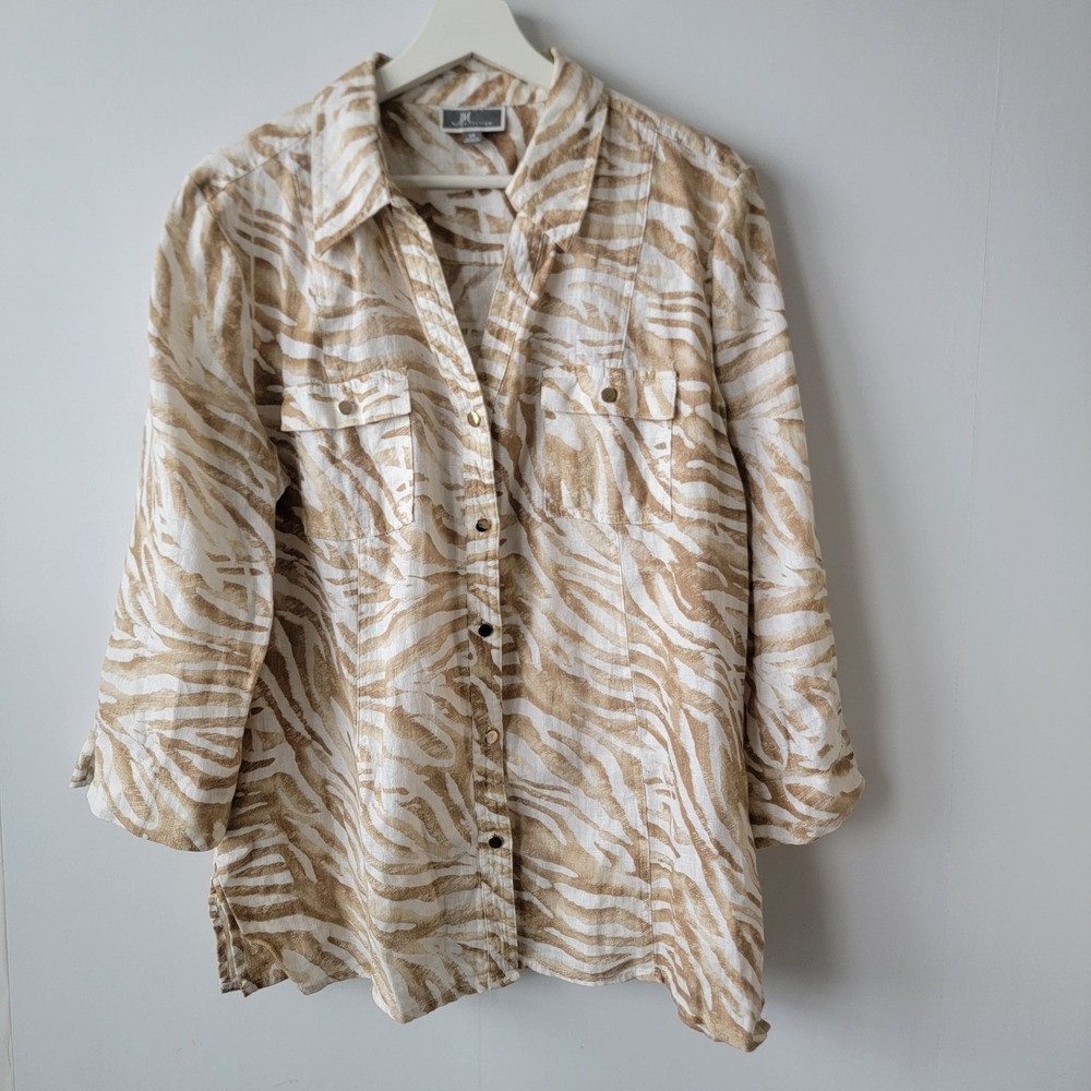 JM Collection women's 100% linen top sz 14 geometric button up 3/4 sleeve casual